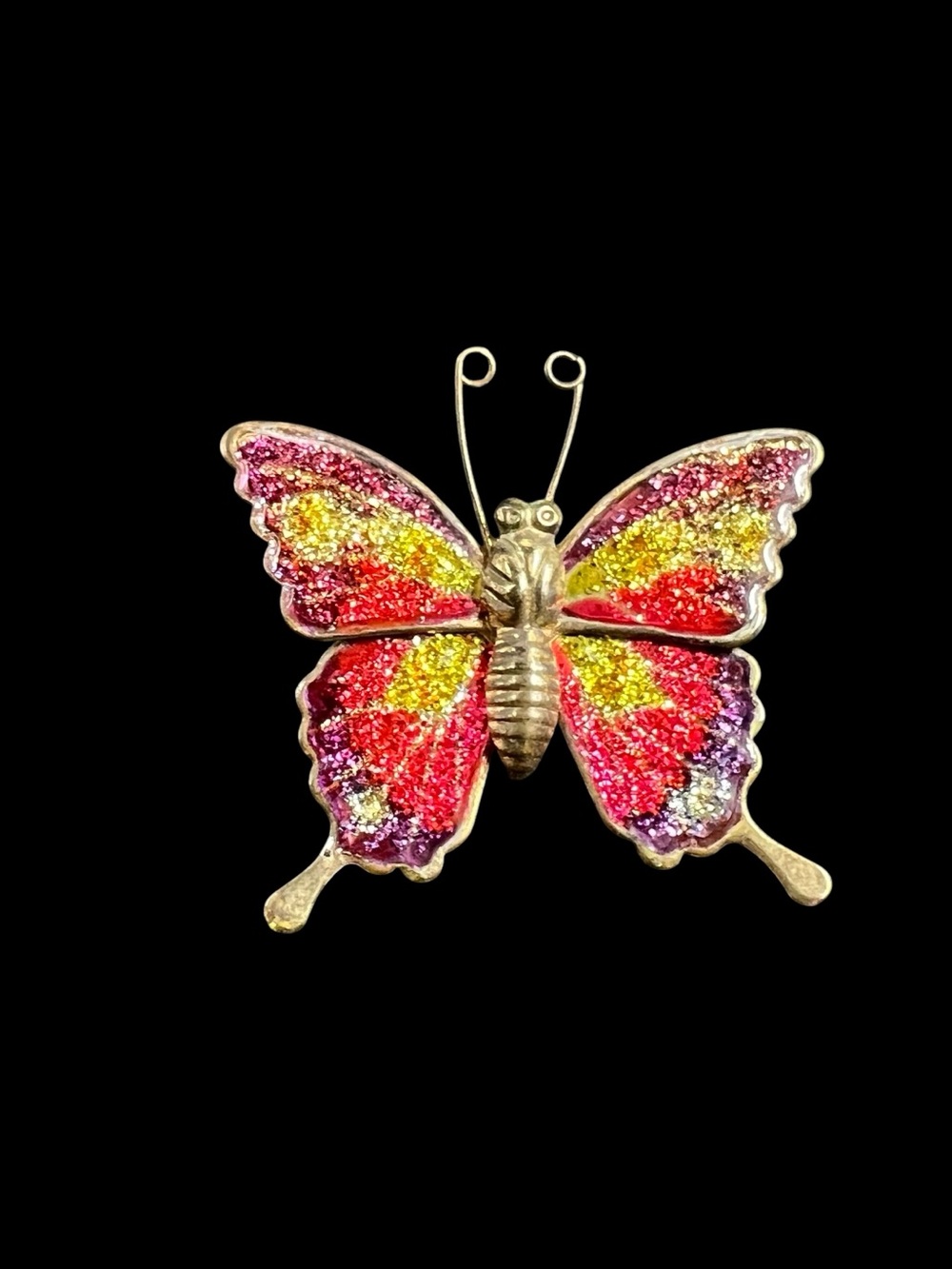 Vintage Butterfly Brooch Colorful Glitter Enamel Lucite & Gold-Tone 1.75"x1.25"